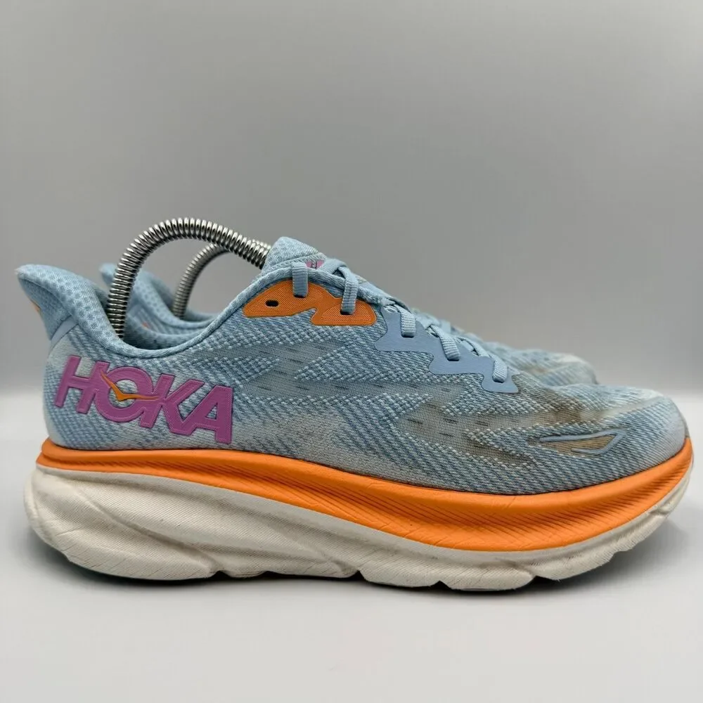 Hoka One One Clifton 9 Women's Size 9.5 Blue‎ Pink Orange Running Shoes Sneakers